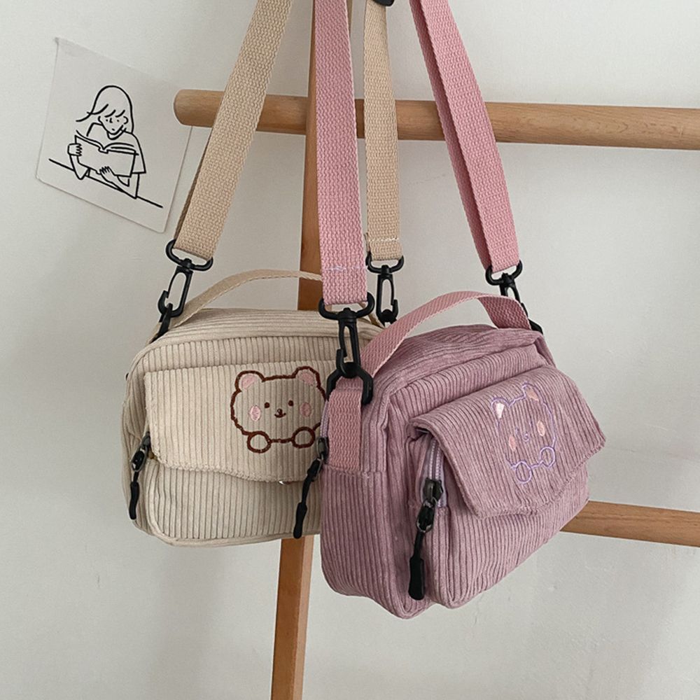 Fashion Women Corduroy Cartoon Bear Print Shoulder Bags Student Tote Messenger Bag Satchel Travel Handbags