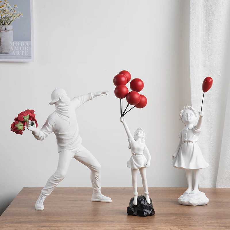 Banksy Sculpture Collection Flower Thrower Statue Pop Art Modern Balloon Girl Figurine Office Home Decoration Accessories Street 240409