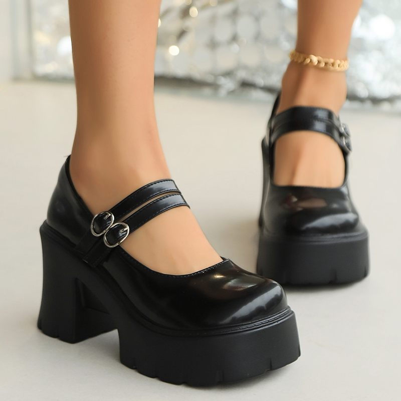 Heels High New Chunky Mary Jane for Women 2024 Vintage Buckle Strap Platform Pumps Woman Pu Leather Thick Heeled Lolita Shoes 3c5b Platm