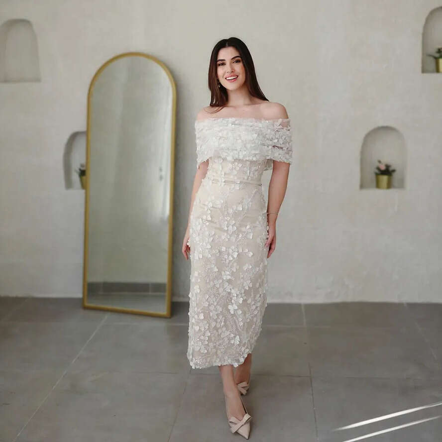 Sheath Ivory Prom Dresses Boat Neck Lace Appliques Evening Pary Gown Bead Sequin Ankle Length Womens Special Ocn Dress