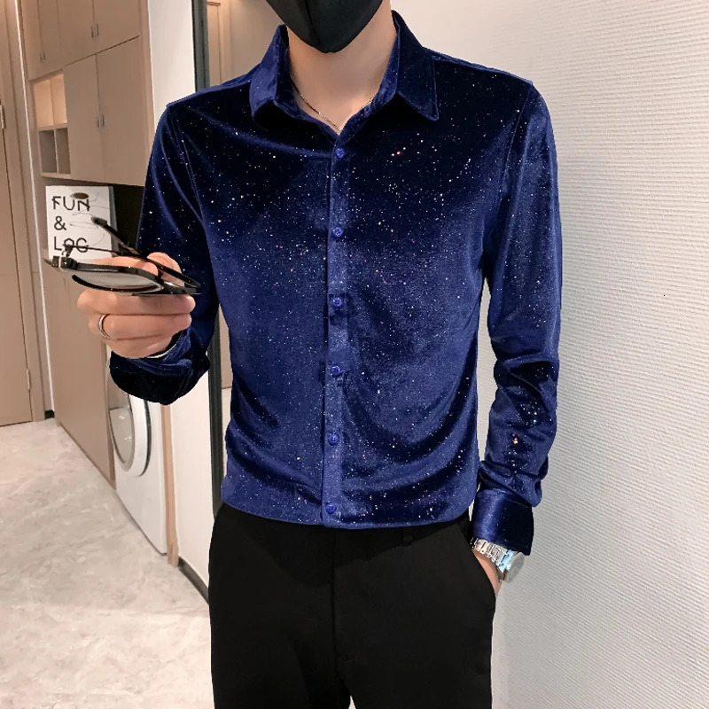 Black/Blue Spring Mens Camisas De Hombre Simple Gypsophila Casual Slimming Long Sleeve Velvet Shirt for Sale 241113