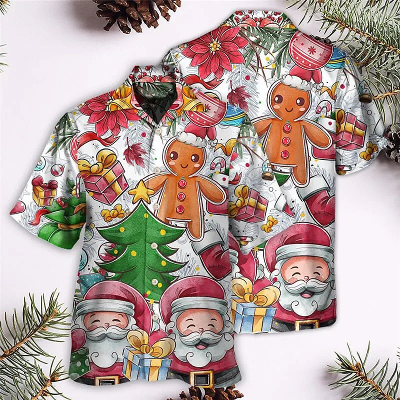 Christmas Mens Hawaii Shirt Short Sleeve Year Xmas 3D Printing Tops Santa Claus Party Beachwear Camping Vacation Apparel 241108