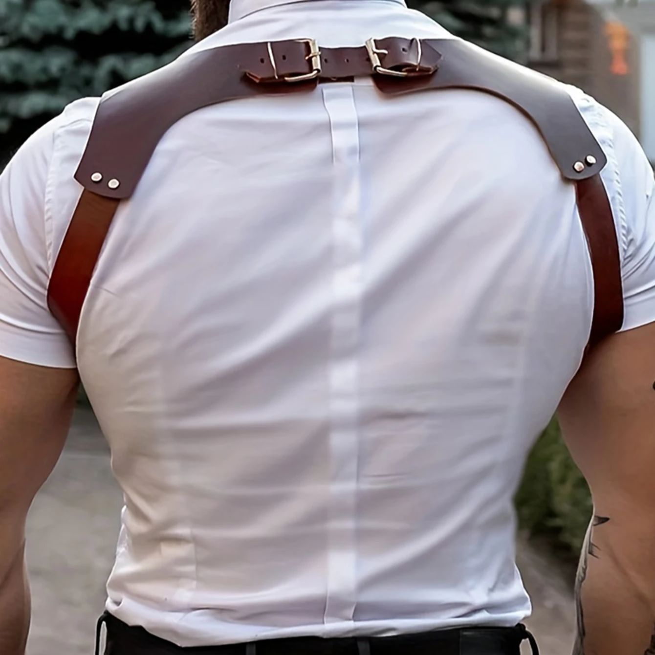 Men's Punk ddmysmile Suspenders Gothic Vintage Brown PU Leather Straps Braces Suspender Chest Shoulder Belt Strap Apparel Accessories Smile