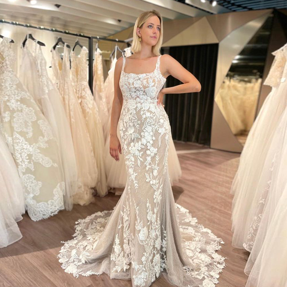 Fancy Square Collar Wedding Dresses for Women Bling Tulle Appliques Bridal Gown Backless Asymmetrical Train robe de mariage