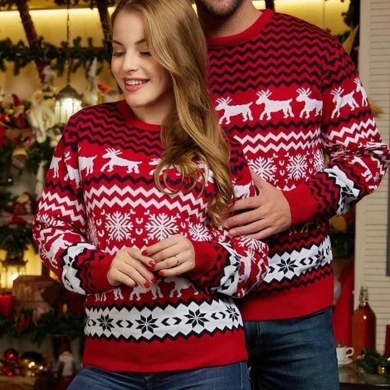 Womens Christmas Sweater Couple Match Set Warm Thick Sweater Soft Jacquard Knitted Home Appearance Pulling Flower 241113