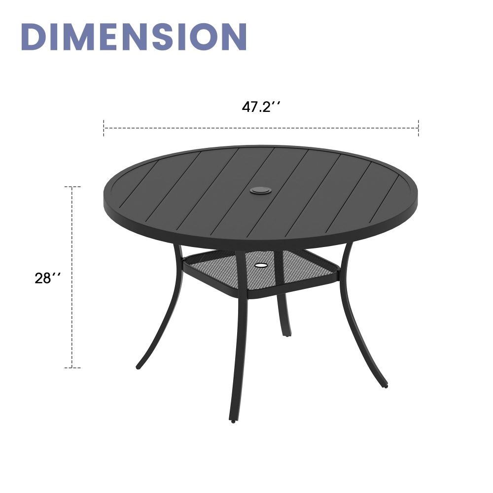 2024 Outdoor Patio Round Dining Table, Metal Slatted Round Tabletop with Adjustable Umbrella Hole for Deck Lawn Garden Backyard