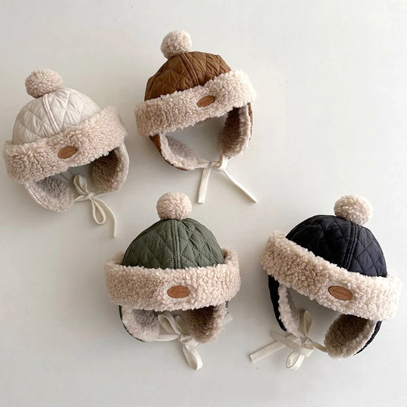 Kids Winter Plush Earflaps Beanies Childrens Padded Caps Baby Girls Thicken Warm Fur Hats 1-4Years Woolen Bomber Hats for Boys 241112