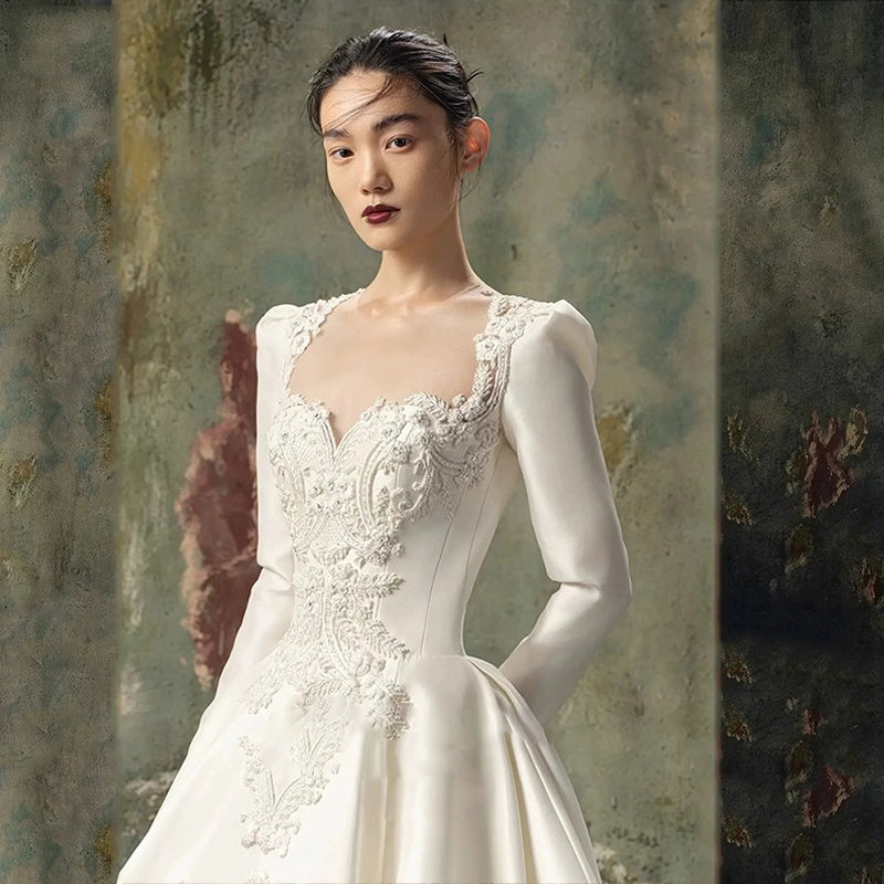 French Luxury Satin Trailing Brides Wedding Dresses Women 2024 Long Prom Evening Guest Cocktail Applique Formal Occasions Dress