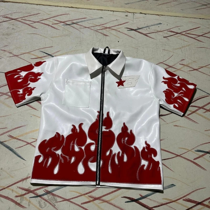 Y2K Flame Harajuku Leather Jacket Punk Style Fashion Embroidery USD Pattern Patch Mens Loose Rest Cardigan T-shirt 241112