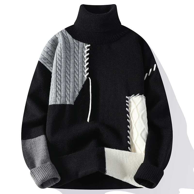 Autumn and winter knitted turtle neck sweater mens fashion patch work knitted fleece mens high-quality casual sweater warm streetwear 241113