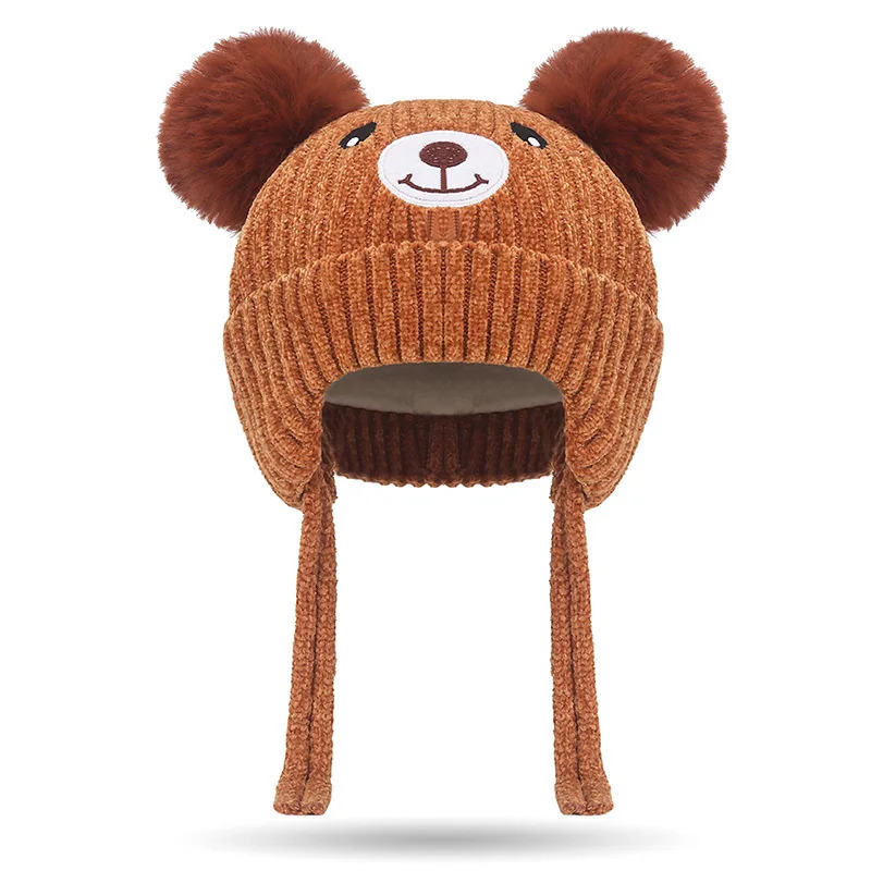 Winter Pompom Baby Winter Cap With Rope Lining Cute Boy Girl Warm Bear Knitted Hat Kids Earflaps Knit Hats For Toddler Cap 241112
