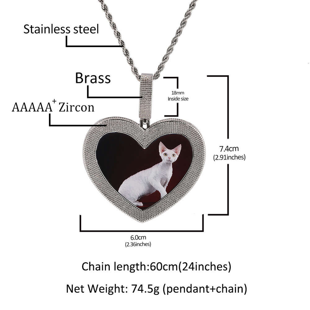 Top Quality Hip Hop New Big Love Heart Custom Photo Pendant Necklace Full Iced Out Diamond Diy Picture Memorial Jewelry Personalized Gift Bling Cz Sto