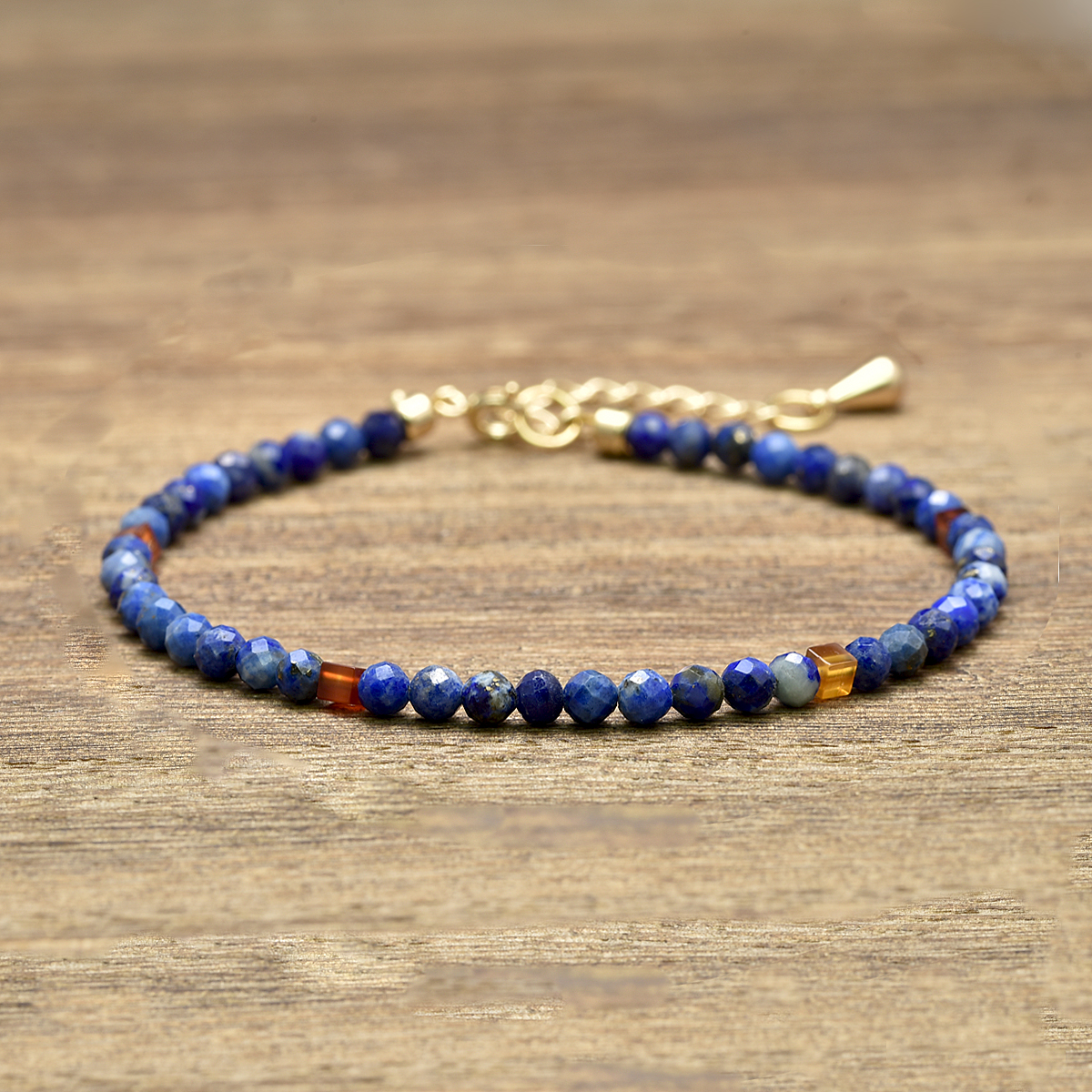 Elegant Lapis Blue Real 3mm Lazuli and Carnelian Crystal Gem Stone Bracelets for Women Copper Plated with 14K Gold Jewelry smile