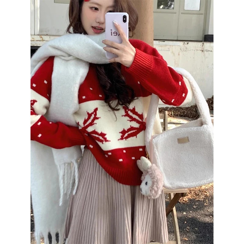 Christmas Red O-neck Knitted Floral Womens Autumn and Winter Fashion Jacquard Long Sleeve Sweater Sweet Full Match Knitted Top 241113