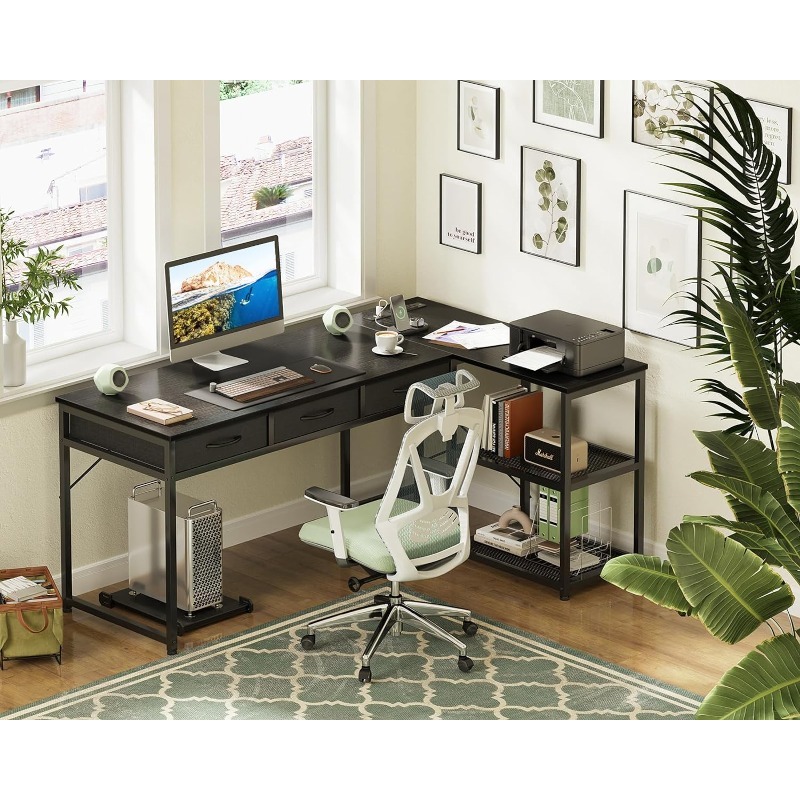 AODK L Shaped Desk with Fabric Drawers, 61 Inch Corner Desk with Power Outlets & Movable CPU Stand, Reversible Computer Desk
