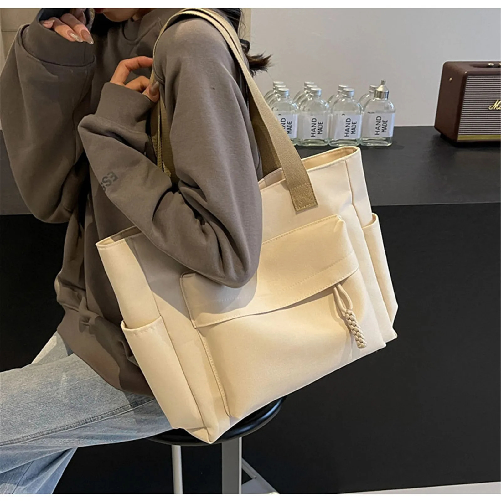 Large capacity womens canvas bag 2024 casual shoulder bag summer student commuting handbag 241112