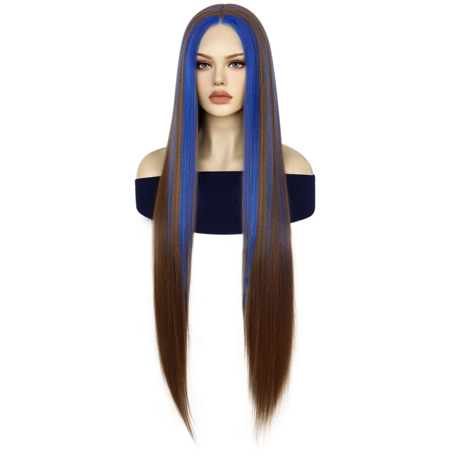 13*5*1 T-Part Highlights Royal Blue Skunk Stripe Wig Silky Straight Brown with Royal Blue Streak 40 inch Extra Long Synthetic