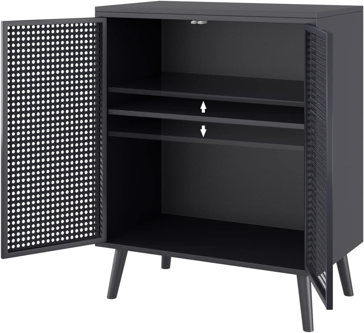Metal Rattan Accent Cabinet - 2 Door Buffet Storage for Kitchen, Living Room and Hallway, Black