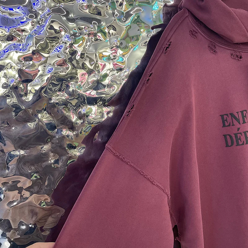 Men Women Wine Red Vintage Damaged Hole Hoodie Best Quality Oversized Classic Pullovers Hooded