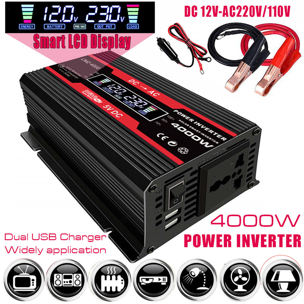 4000W Modified Sine Wave Inverter DC12V to AC 110V/220V LCD Display Power Inverter Voltmeter Converter Transformer USB Socket