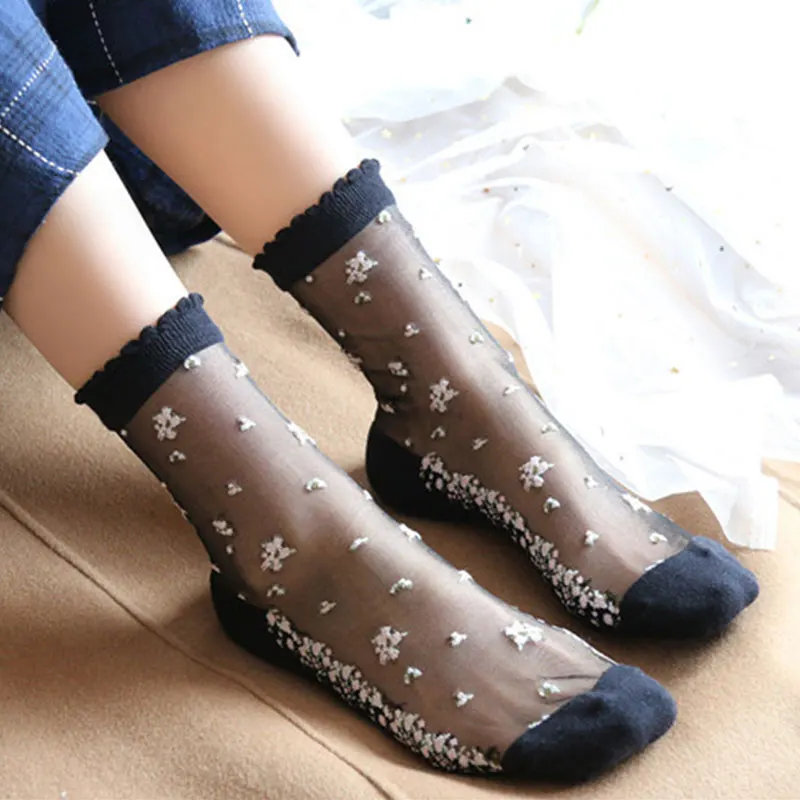 Flower Socks Summer Translucent ddmysmile Women Ultra-Thin Ankle Socks Girl 'S Silk Elastic Mesh Japanese Style Jacquard Short Sockings Smile �