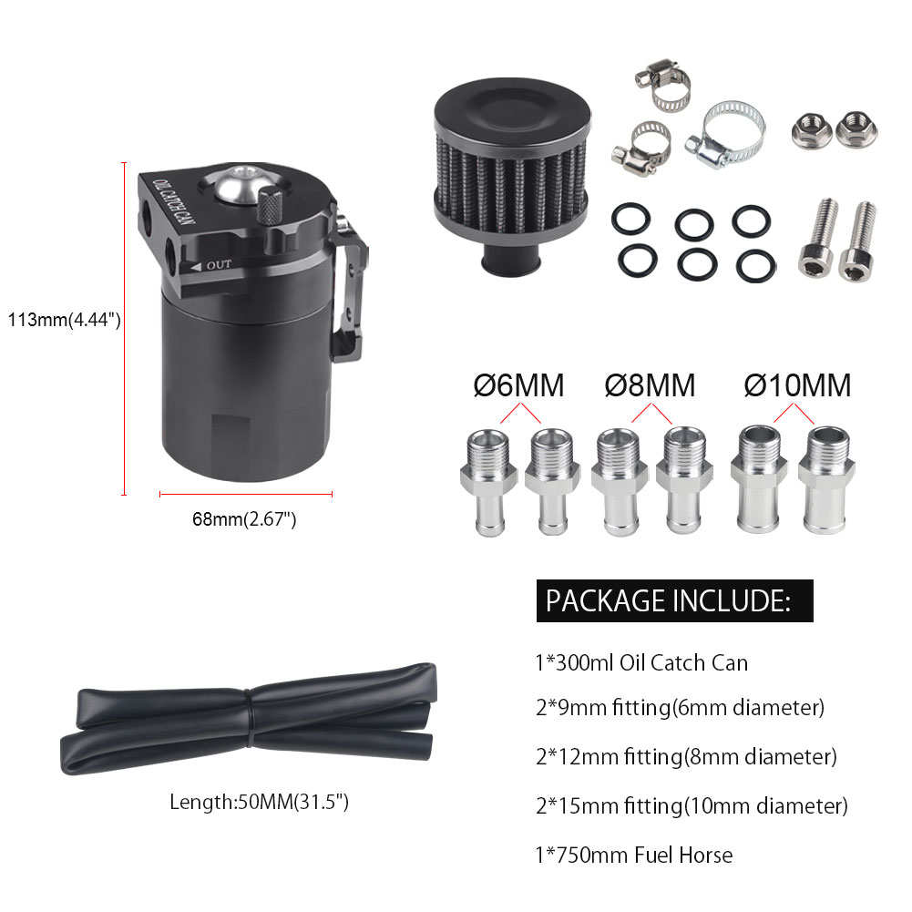 Universal Car Baffled Oil Catch Can Tank Kit with Breather 300ml Aluminum Polish Engine Air Oil Separator Tank Reservoir Kit
