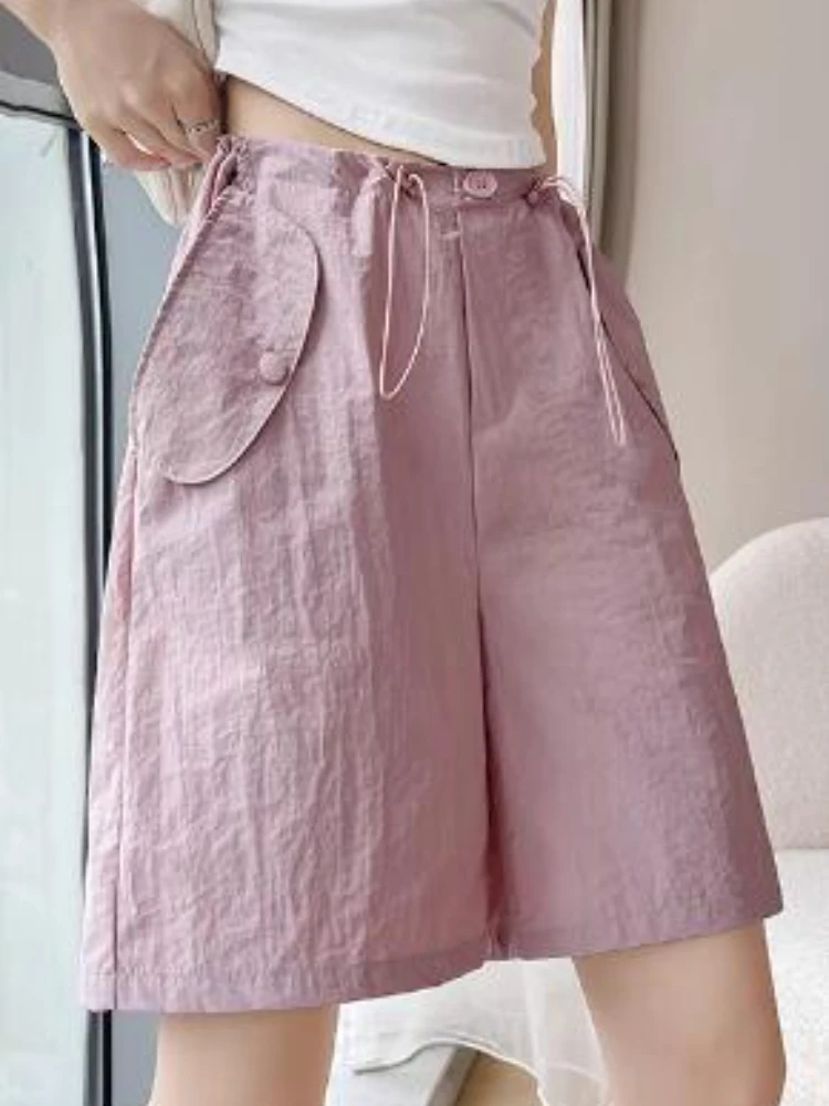 Shorts Women Leisure Chic Folds Streetwear Holiday Cargo Simple All-match Summer Candy Color Comfortable Korean Style Daily New