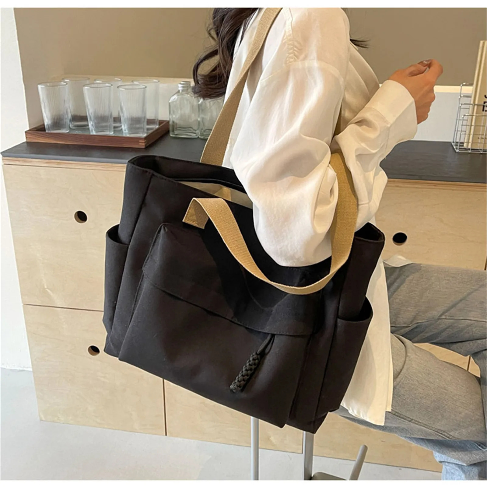 Large capacity womens canvas bag 2024 casual shoulder bag summer student commuting handbag 241112