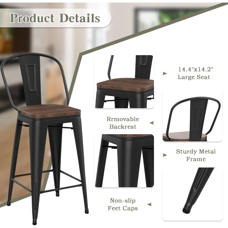 Yongqiang Bar Stools Set of 4 Height 30 inch Tall Kitchen Island Chairs Metal High Back stools with Wooden Sea