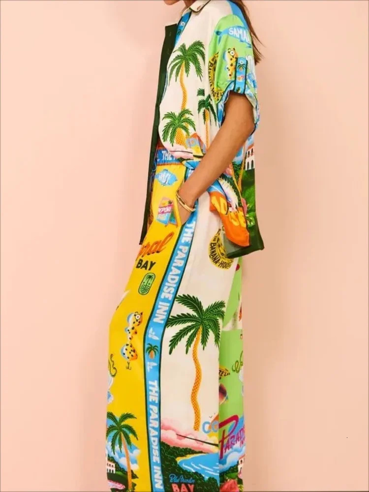 Women Holiday Casual Printed Coconut Trees Short Sleeve Shirt Blouse Top Loose Long Pants 2 Piece Set Summer Beach Outfits Suit 240402