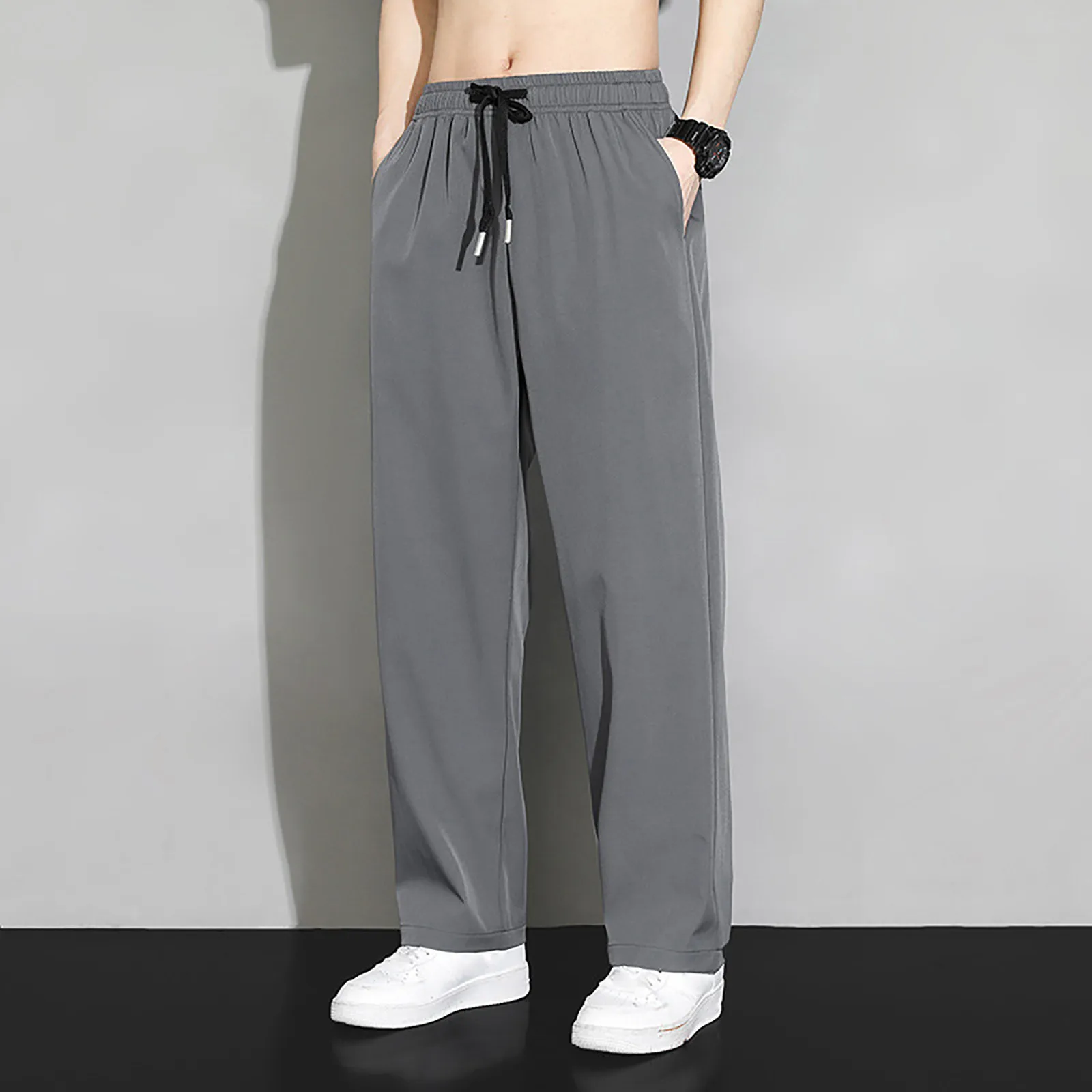 Spring Summer Ice Silk Pants Men's Trousers Thin Breathable Straight Trousers Solid Colour Casual Elastic Waist Draped Pants