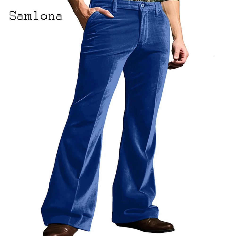 Mens Retro Flare Velvet Pants Pure Green Blue Soft Full Length Trouser Plus Size Mens Stand up Pocket Casual Boots Tailored Sports Pants 241113