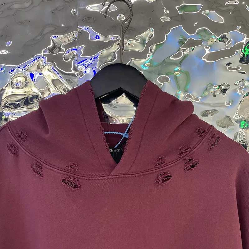 Men Women Wine Red Vintage Damaged Hole Hoodie Best Quality Oversized Classic Pullovers Hooded