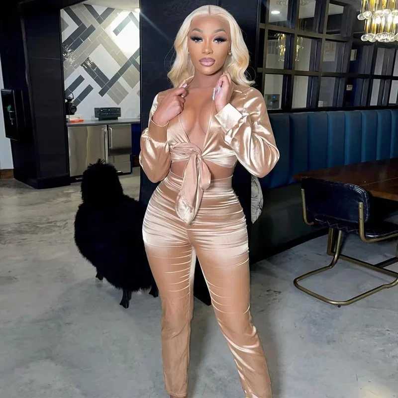 Sexy White Two Piece Set for Women Matching Sets Suit Satin Long Sve Tie Up Crop Top and Night Club Pants Sets Party OutfitsX241112