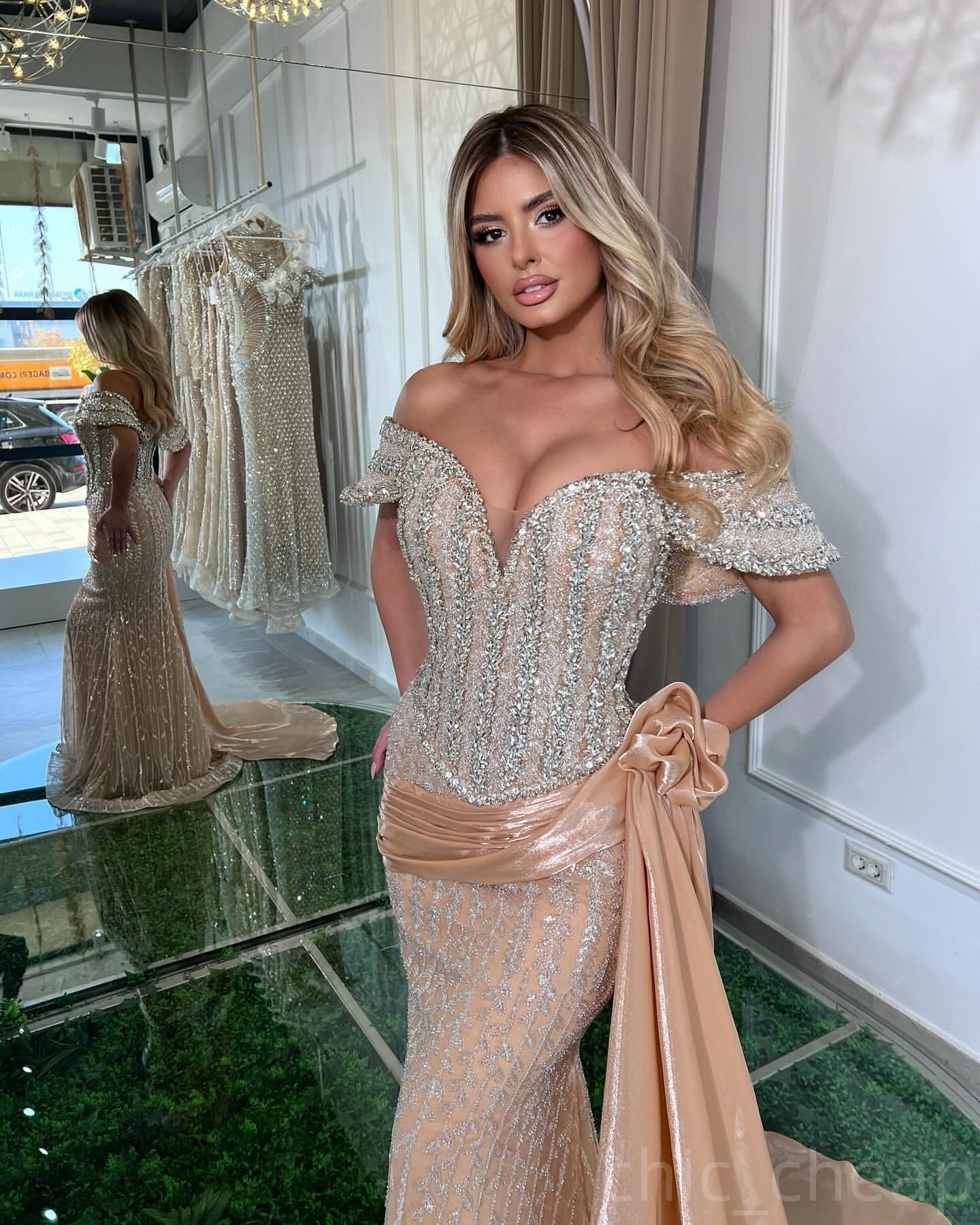 2024 Plus Size Champagne Illusion Mermaid Prom Dresses For Special Occasions Rhinestones Satin Evening Party Birthday Gowns Dress For Women Vestidos d