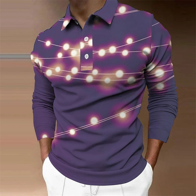 Simple Christmas Lights Pattern Polo Shirt Fashion Autumn Long Sleeve 3D Printed Mens Polo Casual Streetwear Oversized T Shirt 241113