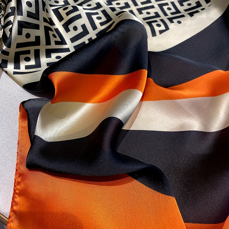 Stylish Geometric Striped Printed Scarf Simulated Silk Satin Smooth Shawl Spring Summer Sunscreen Windproof Scarf