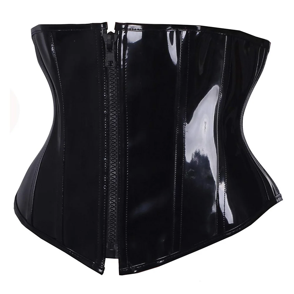 Glossy Leather Corset Top Women Zipper Underbust Waist Cincher Bustier Gothic Steampunk Corselet Shape Body Belt Plus Size