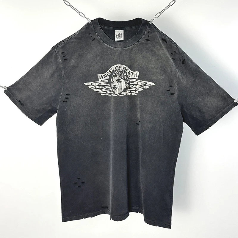 Hip Hop Crack Pattern Letters Printing T Shirt Men Women High Quality Cotton Oversized Tee Top Damaged Hole T-Shirt