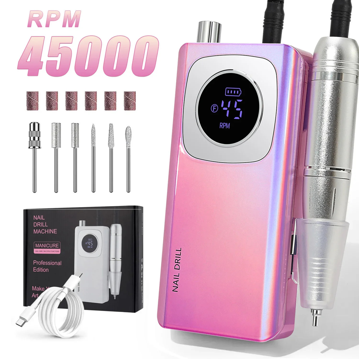 45000RPM nail drill electric portable nail file rechargeable nail sander for gel nail polishing 241112ww
