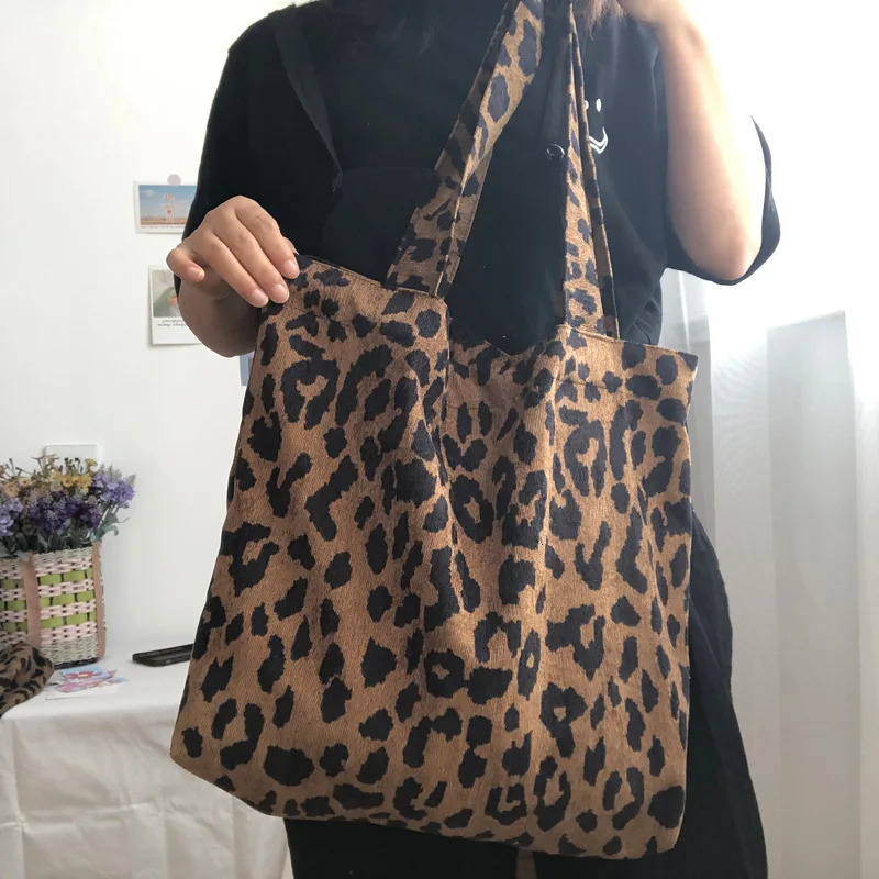 Retro Corduroy Womens Shoulder Shopping Bag Retro Womens Thin Cotton Casual Handbag Leopard Pattern Girls Handbag Tank Top Bag 241112
