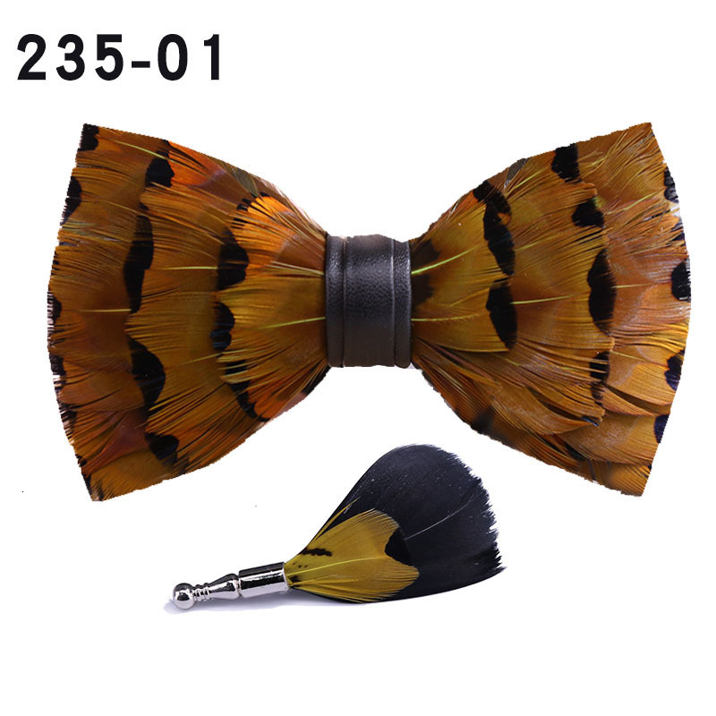 Feather Bow Tie Brooch Set - Wooden Gift Box For Men's Accessories Wedding Party Birthday 24