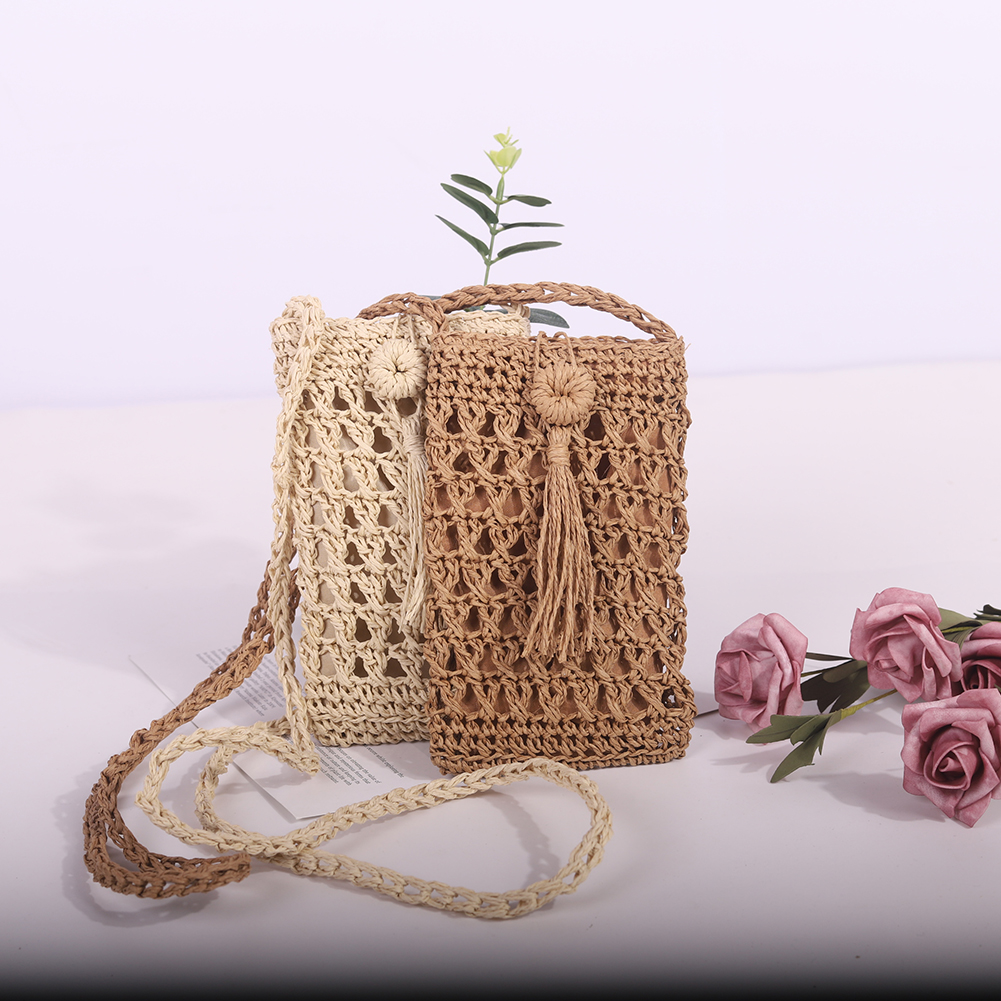 Beach Mobile Phone Bag Summer Mini Vintage Handmade Crossbody Starw Rope Straw Bag Girls Small Single Shoulder Purse 20x12cm