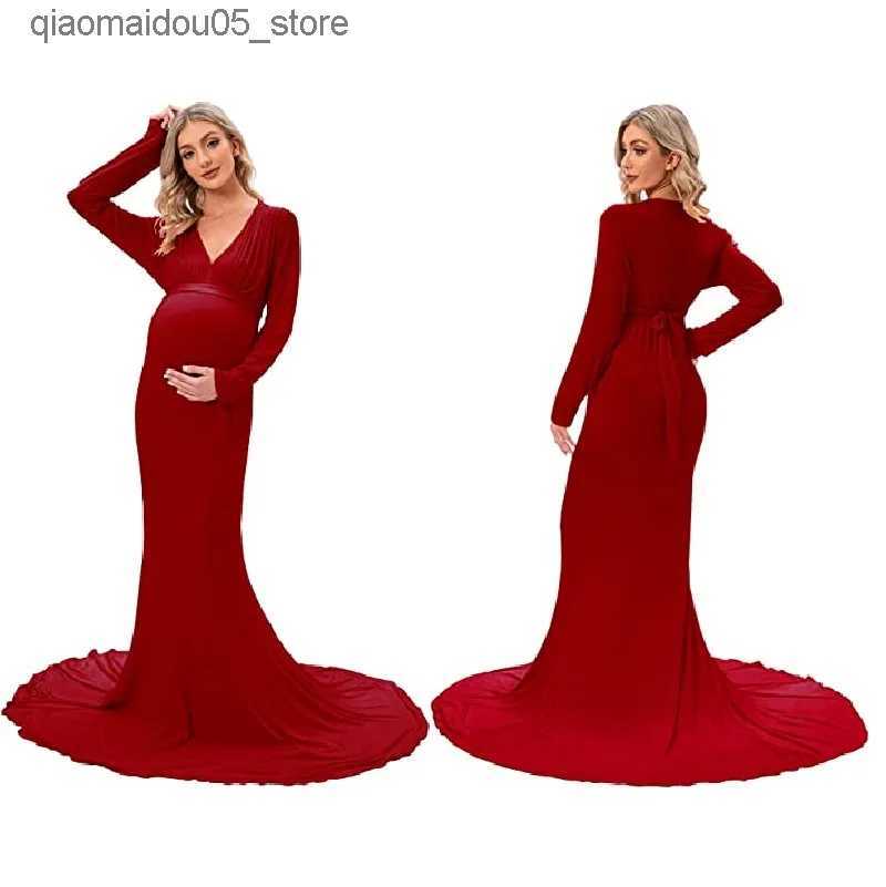 Maternity Dresses Pregnant womens deep V-neck long sleeved maternity photography dress mermaid baby shower Maxi dress Q240413