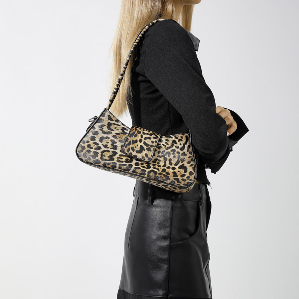 Women Leopard Print PU Leather Underarm Bag Top Handle Handbag Shoulder Bag