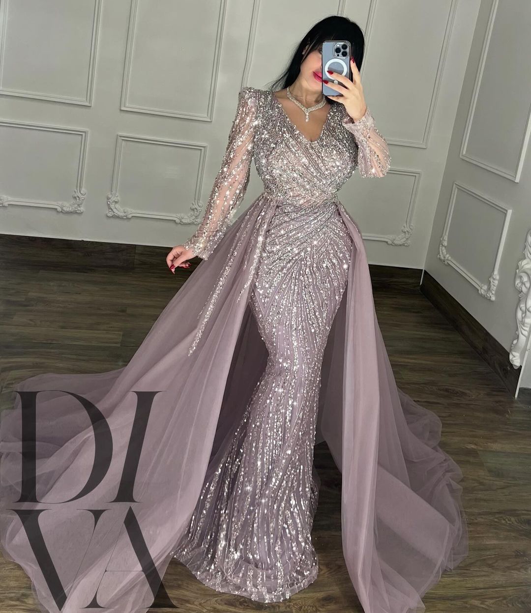 Purple Crystal Mermaid Evening Elegant With Detachable Train V Neck Long Sleeves Beaded Prom Dress Or Length Muslim Formal Dresses For Women Bc19384