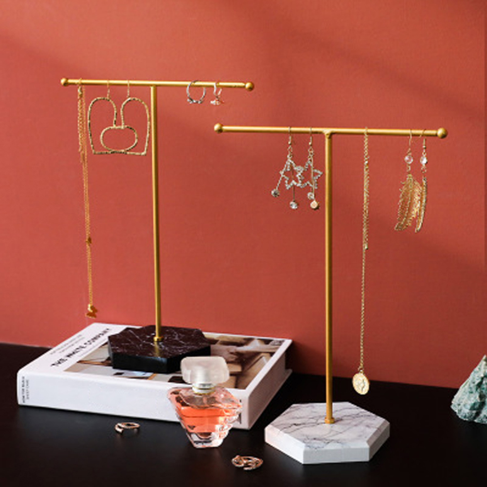 T-shaped Jewelry Shelf with Wood marble grain Base Minimalist Display Tower Metal for Bangles Necklaces Bracelets Rings Bag