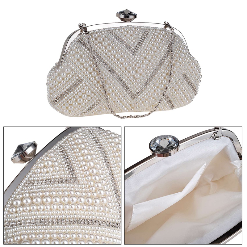 Beaded Women Evening Bags Vintage Embroidery Small Pearl Day Clutch Shoulder Chain Handbags Rhinestones Purse