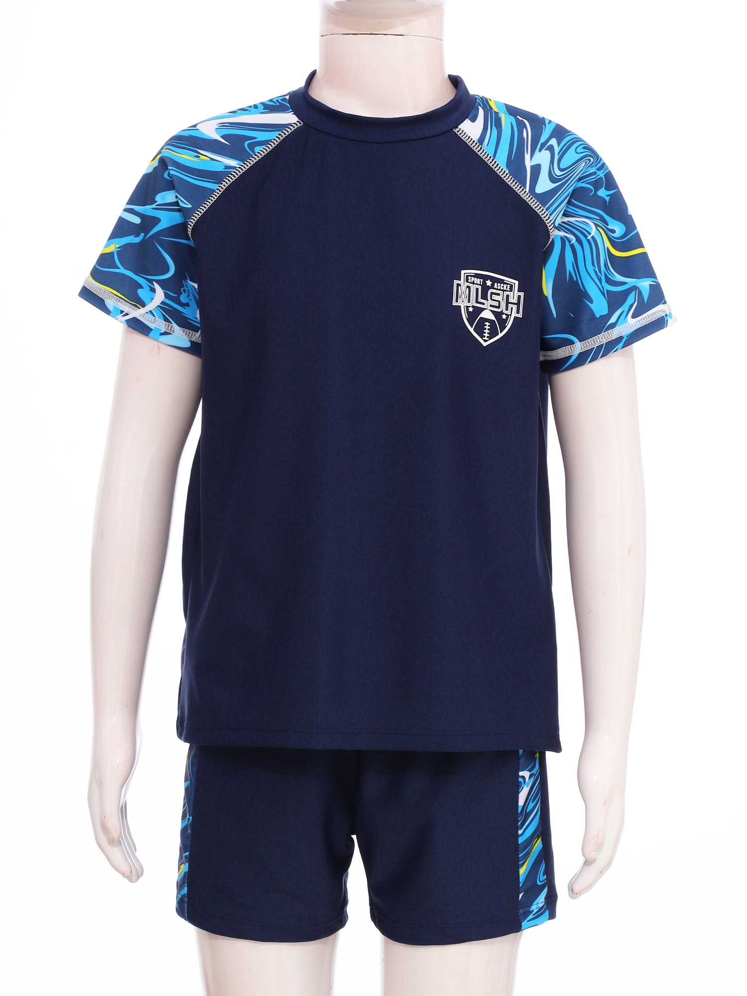 Kids Boys Swimwear Beachwear Set Short Sleeve Swimsuit Rash Guard Swim Tops with Drawstring Board Shorts 2 Piece Bathing Suit