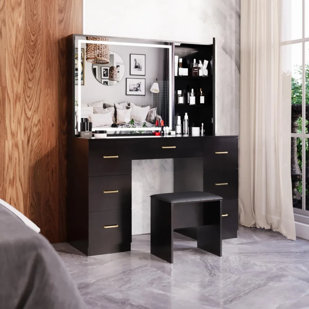 Bedroom Vanity Desk for Women (Black Furniture Dressing Table With Mirror Multifunctional Makeup Table Tall Dresser Large) Home